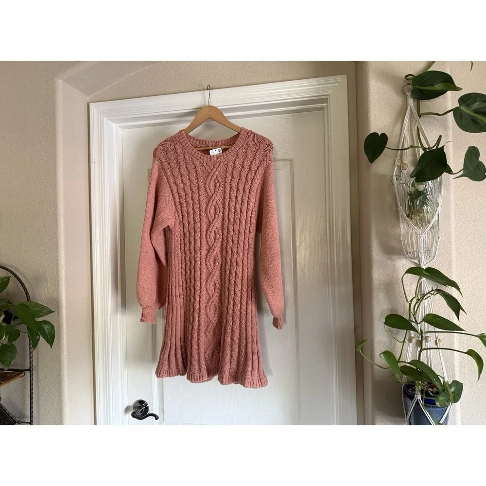 Free People Orla Cable Knit Mini Sweater Dress Pink Size L Large NWT $148